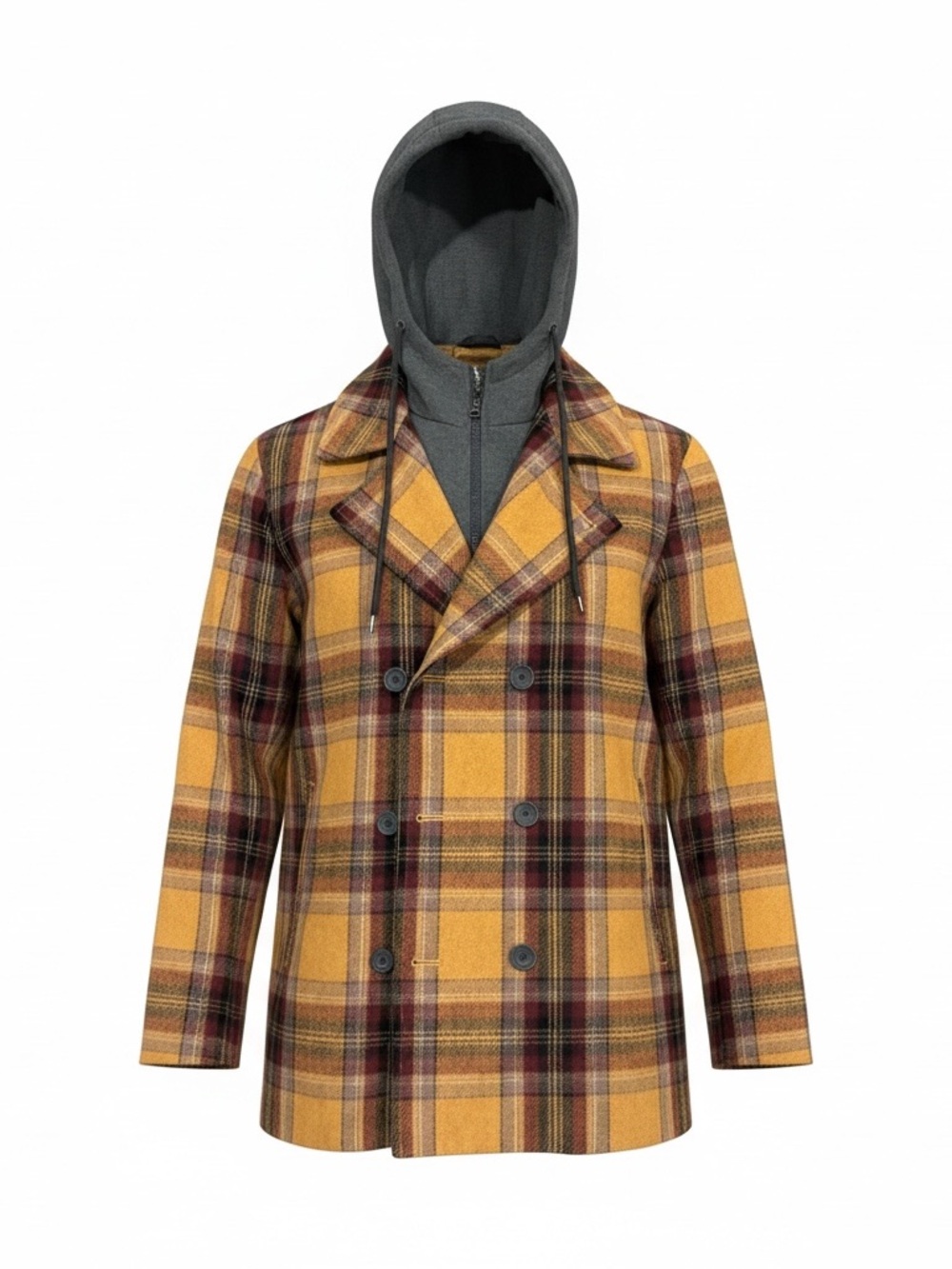 American Rag Yellow Plaid Double-Breasted Pea Coat Wool with Gray Hooded Insert